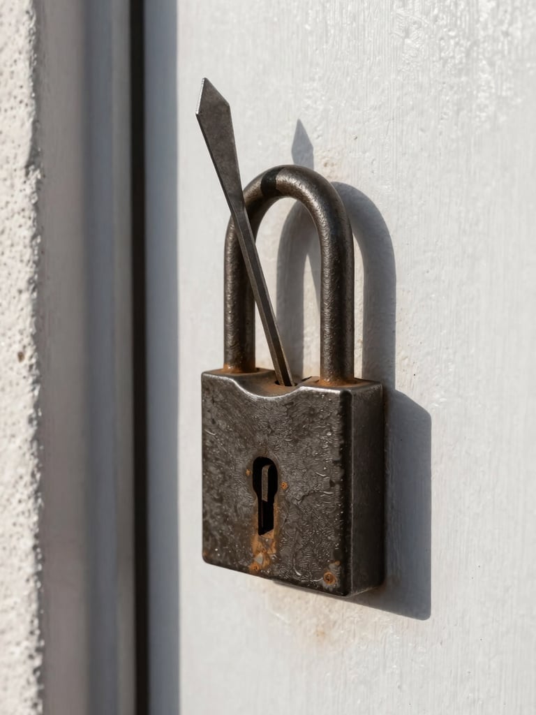 Close-up of a locksmith's steel pick tool inserted into a weathered iron door lock on a whitewashed Lanzarote building facade, strong directional afternoon sunlight casting hard shadows across the metal surface, documentary framing with the lock centred and the rough plaster wall visible to the left edge