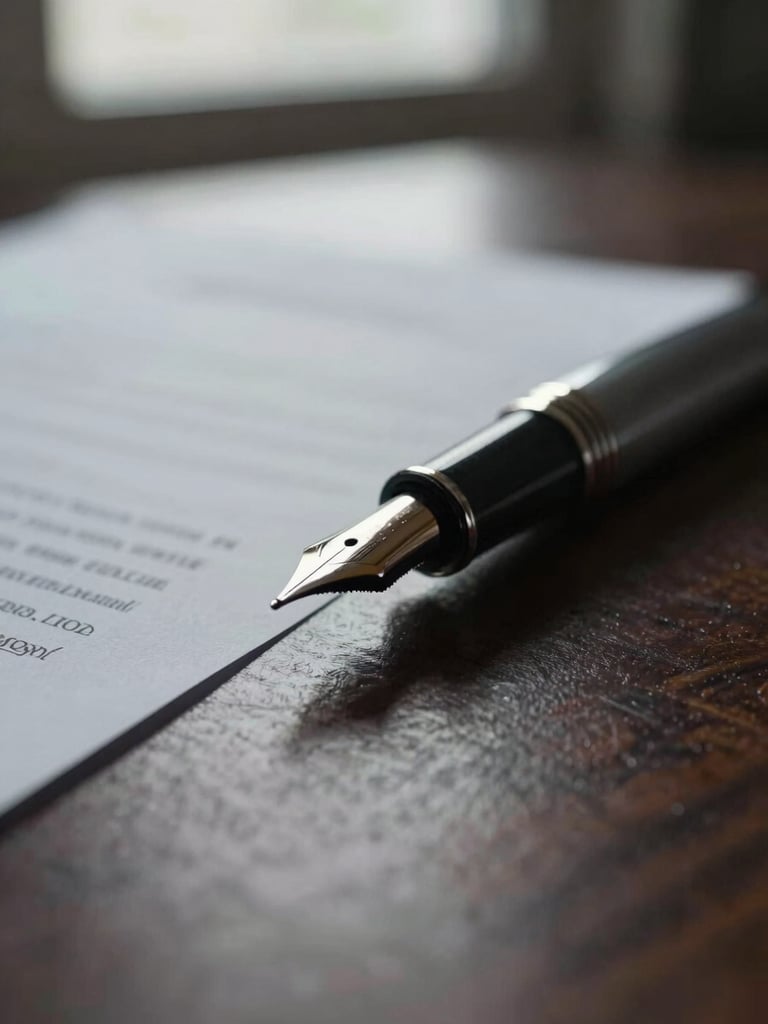 Macro close-up of a fountain pen resting on a textured legal document, soft natural window light reflecting on dark wood, shallow depth of field, 35mm