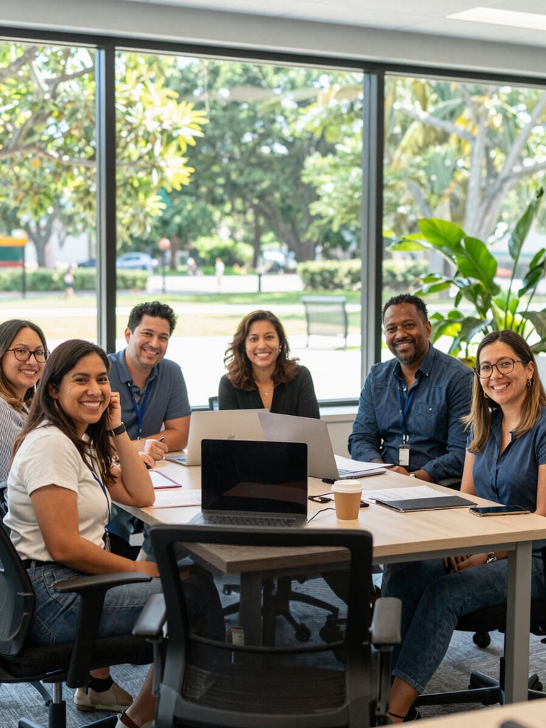 A collaborative team of diverse organizers smiling together in a bright, sunlit Biscayne Park office space, vibrant natural light, professional yet warm, 35mm