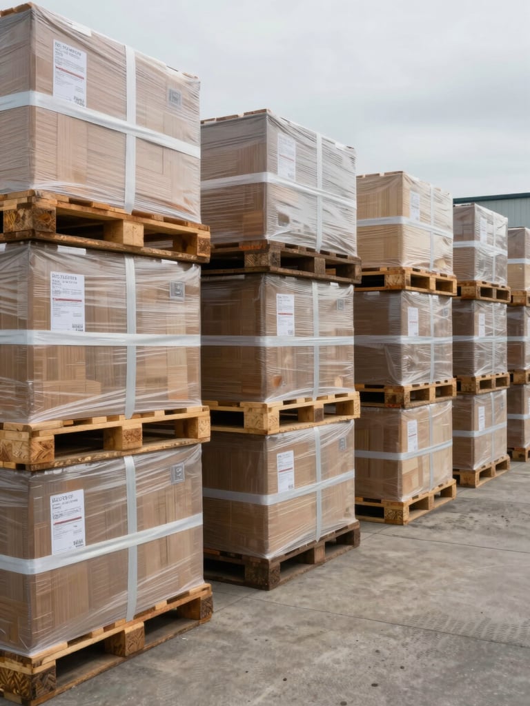 Ground-level shot of palletized industrial materials stacked in a storage yard under flat overcast light, visible packaging straps and batch documentation labels on crates, concrete floor with dust and fork-lift tread marks, materials extending deep into frame
