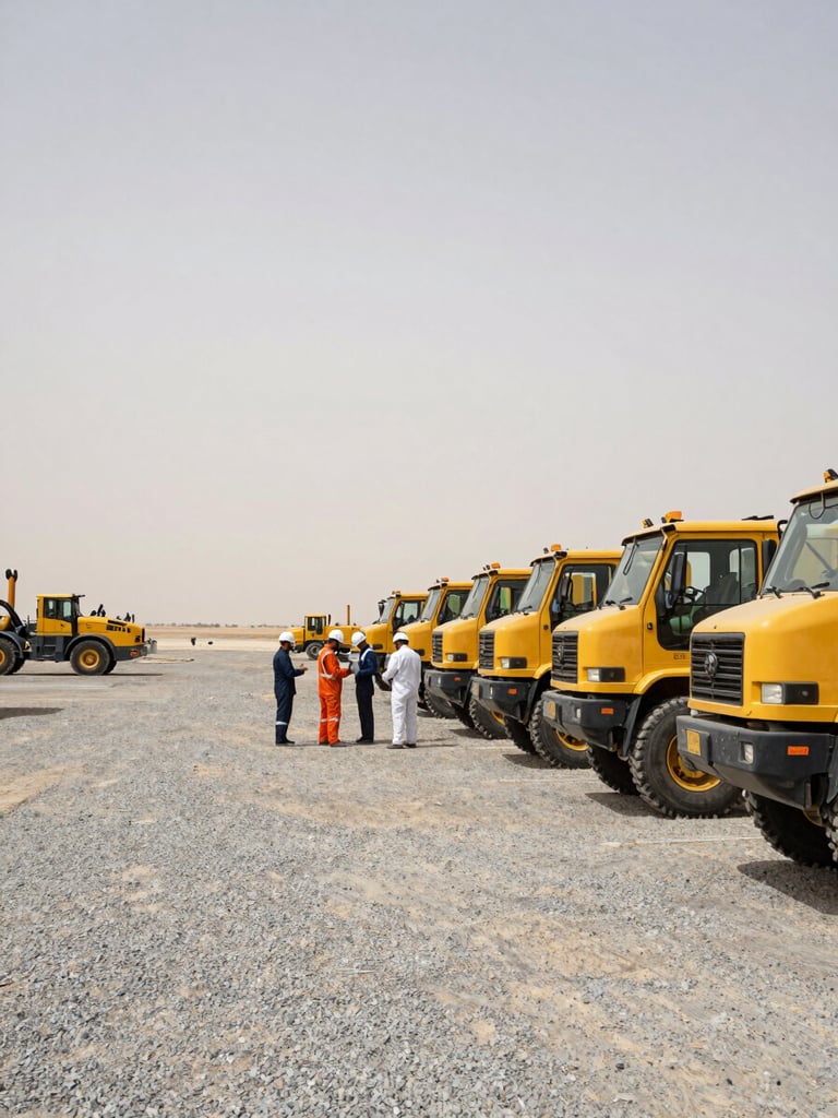 Wide environmental shot of an industrial operations yard in Saudi Arabia, overcast daylight, heavy equipment lined up on gravel to the right third of frame, a crew in full PPE hardhats conducting a handoff inspection at mid-ground, expansive flat sky above, no studio lighting