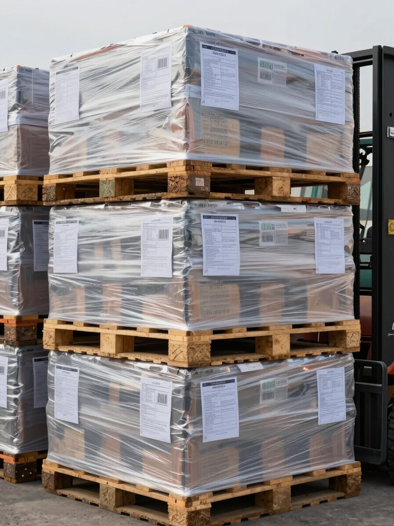 Ground-level close-up of palletized industrial materials stacked in a Saudi storage yard, overcast daylight, visible batch labeling and documentation sheets attached to shrink-wrapped pallet, forklift partially visible at frame edge, no people in shot