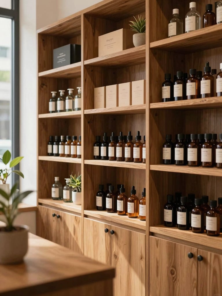 Eye-level view of a warm, modern apothecary interior with organized wooden shelving, natural daylight, and clean botanical accents.