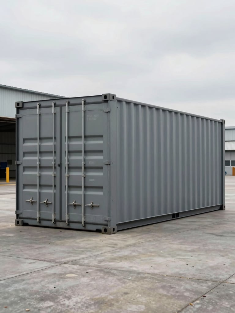 Wide environmental shot, a matte-grey 40-foot shipping container deployed in an open industrial yard, overcast daylight, concrete ground, distant steel warehouse facade visible to the far left, container doors closed and facing camera at three-quarter angle, no people, no warmth, flat northern light