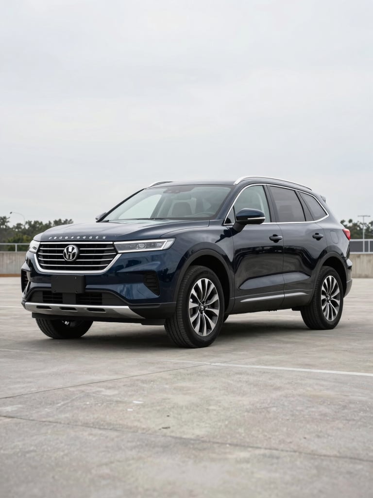 Wide-angle shot of a dark navy SUV parked at a 3/4 front angle on a clean concrete lot under neutral overcast daylight, trim and bodywork in sharp focus, no people, no lifestyle props