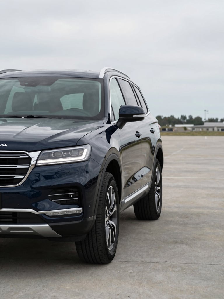 Wide shot framed from driver's side, a dark navy SUV at 3/4 front angle on a clean concrete lot under neutral overcast daylight, no people, trim detail and grille sharp in foreground, expansive negative space to the right