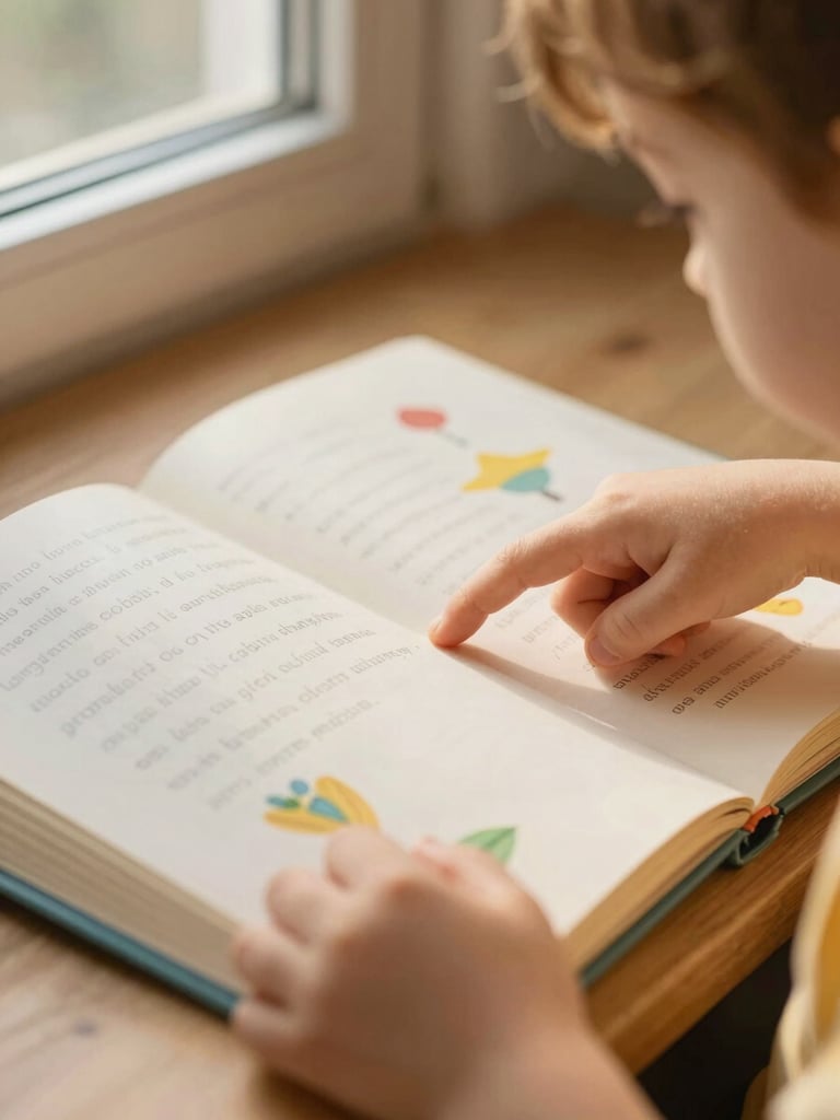 Close-up of a child's hands pointing to words in a colorful book, soft window light highlighting the page, warm organic tones