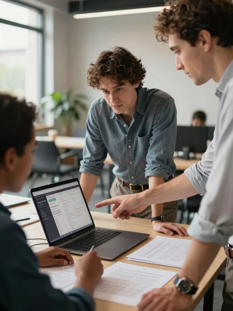 Medium-wide shot from the side: a diverse group of three founders gathered around a laptop showing a dashboard, hands pointing at the screen, natural window light from the left, contemporary co-working space blurred in background, documents spread on table
