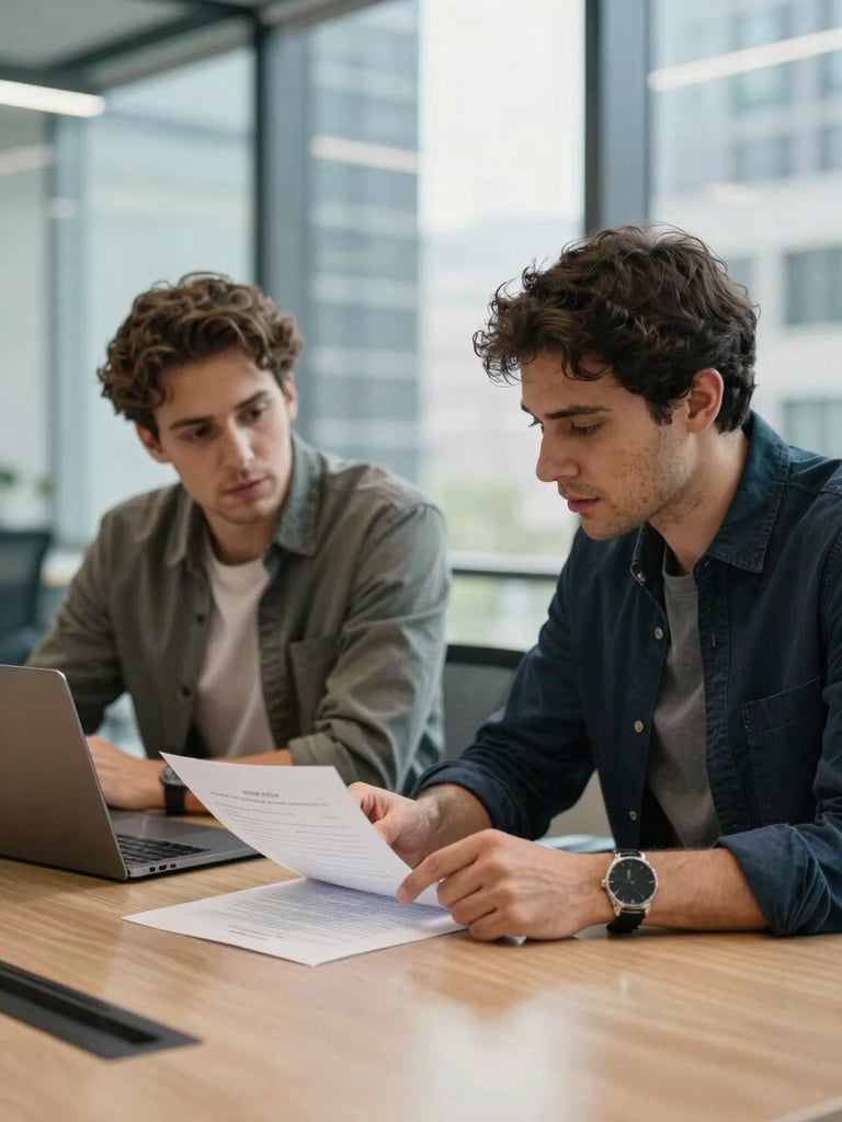 Wide environmental shot, natural office light, two founders seated at a conference table reviewing a printed deal document together, one pointing to a line item, the other listening intently, laptops open beside them, modern urban office background softly out of focus