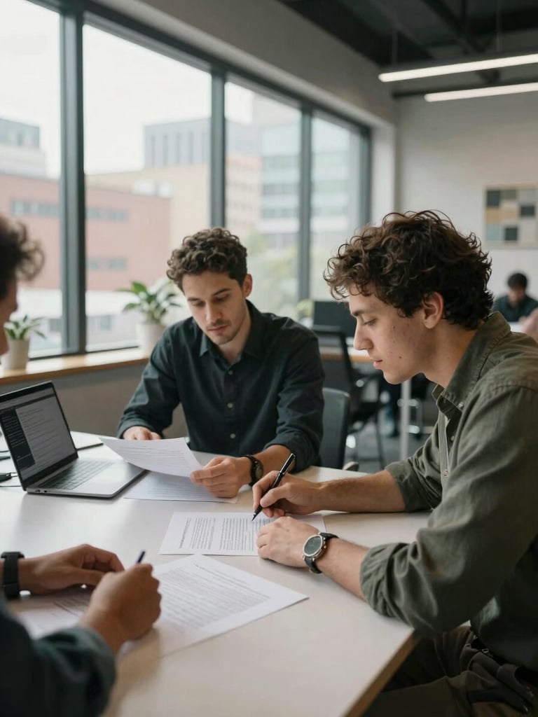 Medium-wide environmental shot, natural daylight through floor-to-ceiling windows, two diverse founders seated at a wide desk reviewing printed contract documents and a laptop dashboard, urban co-working space background, hands visible on documents, calm focused energy