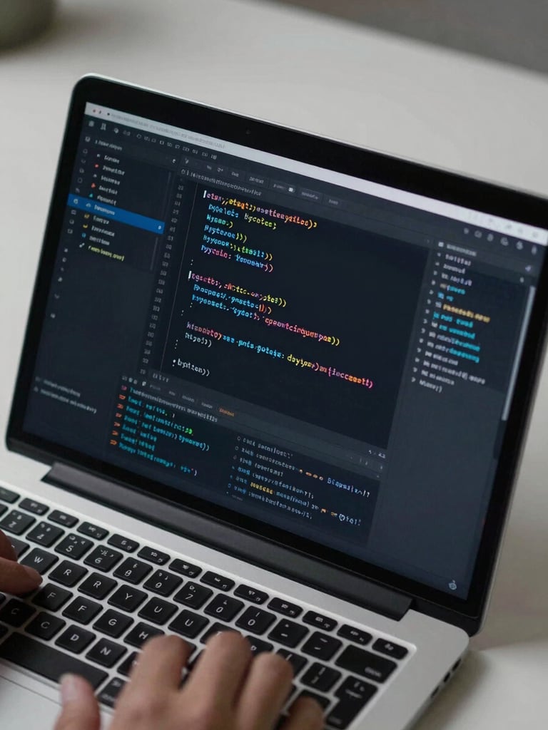 Close-up overhead view of a laptop screen showing Python code in a dark IDE, terminal output visible below, mechanical keyboard edge in foreground, clean desk under cool studio light — sharp, technical, precise