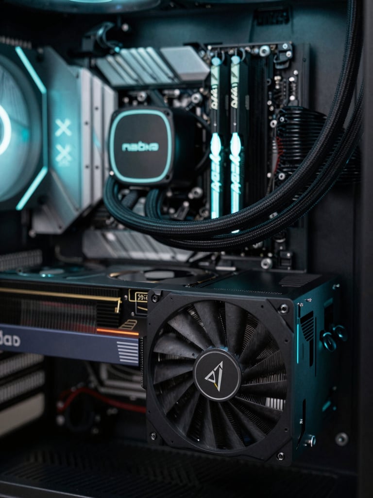 Close-up of a custom water-cooled PC build with matte black fittings and subtle cyan LED ambient lighting, focused on the GPU block, premium tech aesthetic, 35mm