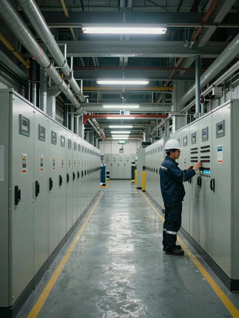 Wide panoramic view from inside a large industrial plant floor, overhead fluorescent lighting illuminating rows of heavy electrical switchgear and conduit runs, a technician in full PPE and hard hat visible in the right third inspecting a panel, deep facility depth showing infrastructure scale