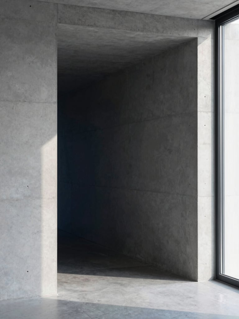 Minimalist architectural photography of a concrete corridor with sharp shadows and clean structural lines, slate and deep navy tones, soft natural window light, Hasselblad medium format