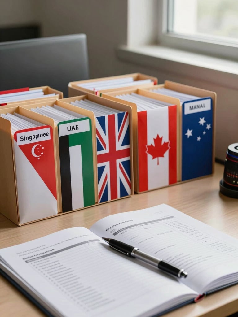 Close-up of an organized desk corner under even office window light, showing a row of country-flagged manila folders labeled Singapore, UAE, UK, Canada, and Australia, each with visible document tabs, a pen resting across an open printed compliance checklist in the foreground, muted warm surface