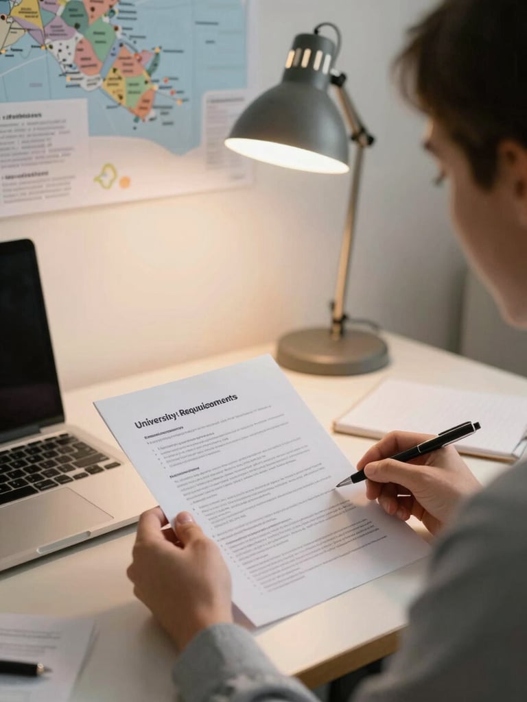 Over-the-shoulder view of a consultant reviewing a printed university admissions requirements document at an organized desk, a wall map pinned with advisory markets visible in the background, warm tungsten desk lamp light