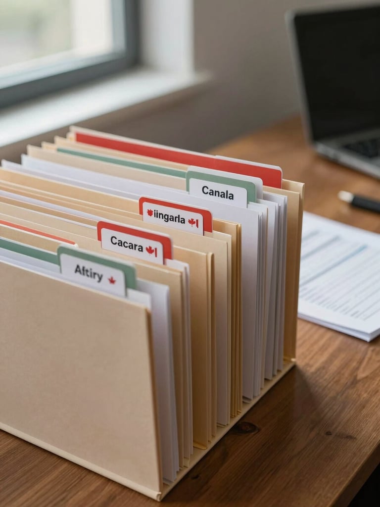 Close-up of organized advisory case-file folders on a wooden desk, country-labeled tabs visible — UK, Canada, Singapore, Australia — under even office window light, a printed checklist partially visible beside them