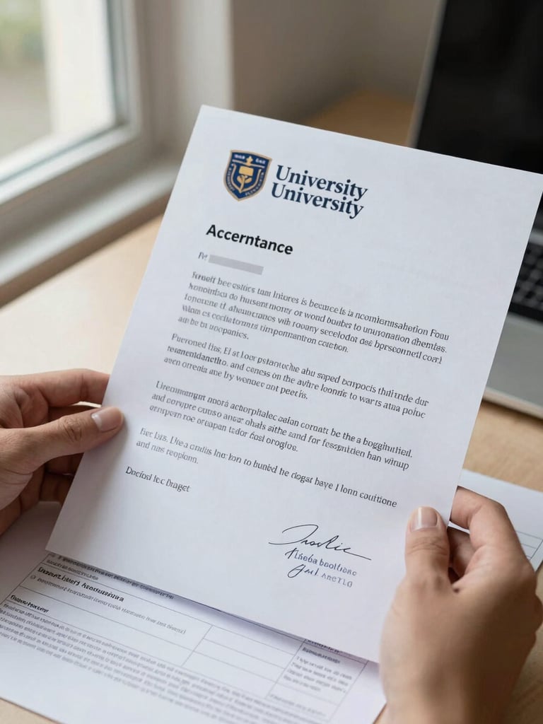 Close-up of hands holding an open university acceptance letter on a desk, official letterhead partially visible, a stamped visa application form beneath it, daylight from an office window on the left, sharp focus on the document text