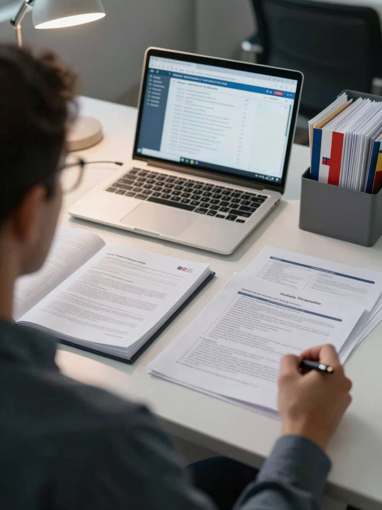 Wide over-the-shoulder view of an organized consultant's desk, papers and open folders spread across the surface, a laptop screen showing a university admissions database, country-flagged dividers visible in a file tray to the right, even overhead office lighting, no people's faces visible
