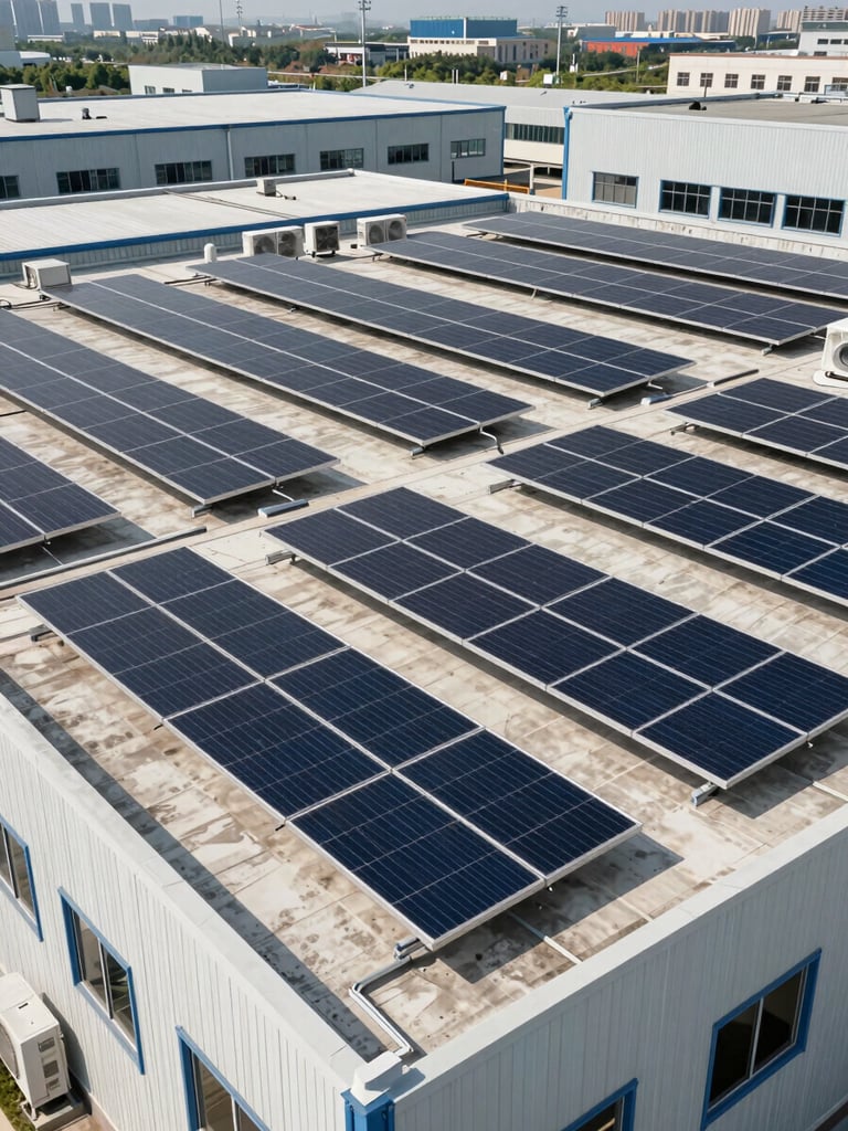 Wide environmental shot of a commercial rooftop solar array installed on a flat industrial building, rows of dark panels visible in bright midday daylight, HVAC units and parapet edge in frame, system fully in production