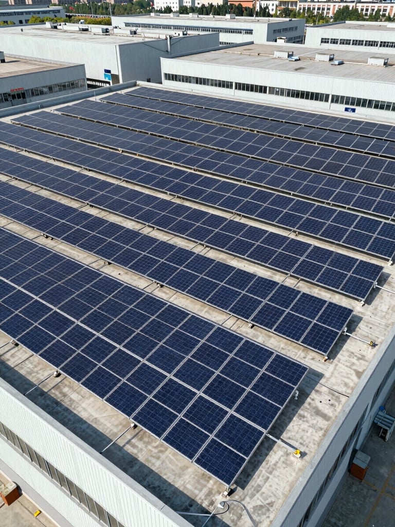 Wide environmental shot of a large commercial rooftop solar array in bright midday daylight, rows of dark blue panels covering a flat industrial building roof, urban warehouse district visible in background, aerial framing showing full system scale