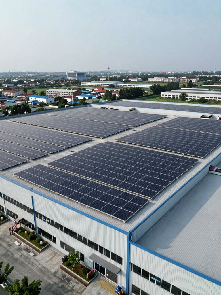 Aerial roofline perspective of a large commercial facility covered with solar panels in bright overcast daylight, industrial neighborhood visible below, scale of the array emphasizing full roof coverage, no people
