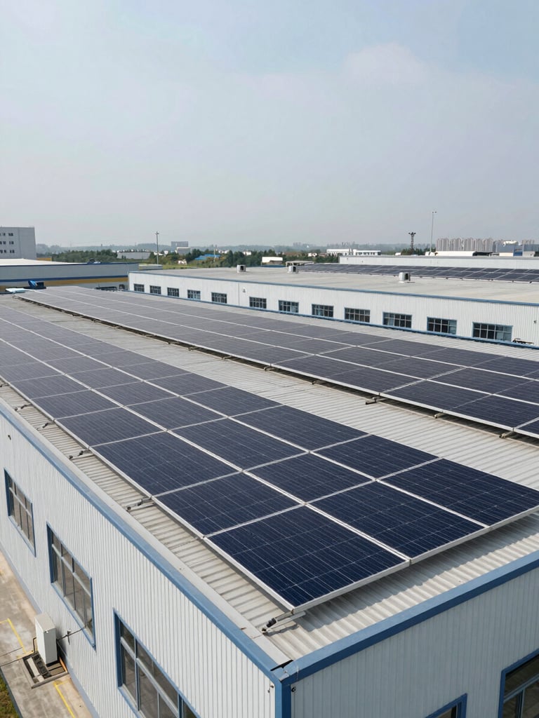 Close ground-level view of commercial rooftop solar array installed on a large distribution warehouse, bright overcast daylight, rows of panels covering the full roofline, industrial surroundings visible below, no people