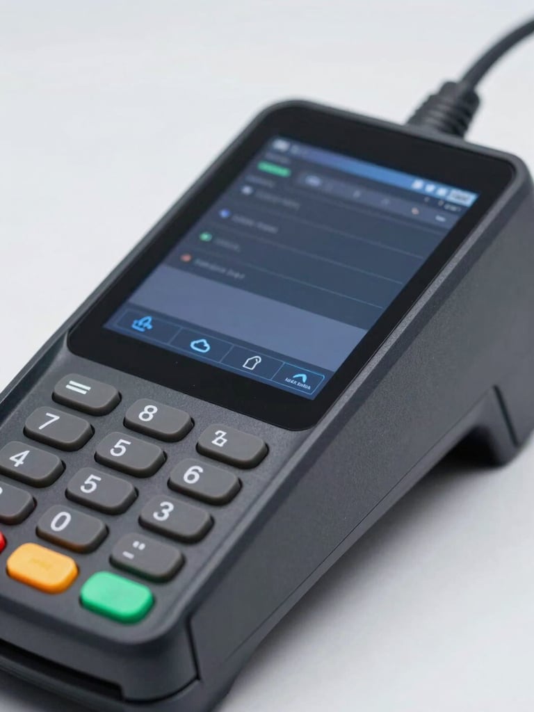 Extreme close-up of a ruggedized enterprise POS terminal in a clean industrial environment, sharp focus on a neon-accented keycard reader, terminal glow, 50mm