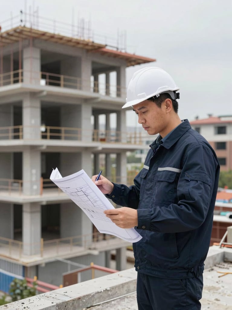 An on-site technical engineer examining hardware blueprints on a structured architectural project site, natural overcast daylight, professional and focused atmosphere.