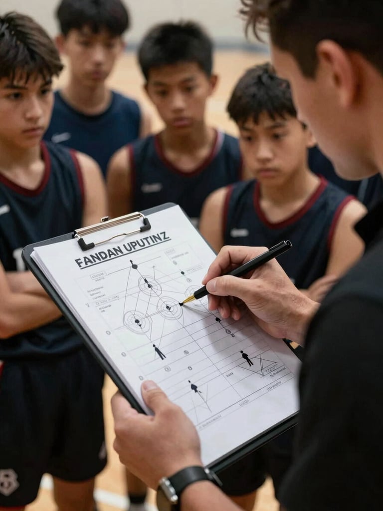 Close-up of a coach drawing a defensive play on a tactical clipboard, youth players listening intently in a huddle, high-contrast gym lighting