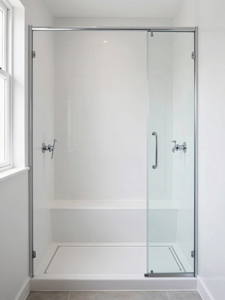 Straight-on shot of an elegant white tile walk-in shower with an integrated built-in bench, chrome hand shower, and clean glass screen. Bright natural light illuminates the space, highlighting the clean grout lines and modern fixtures.