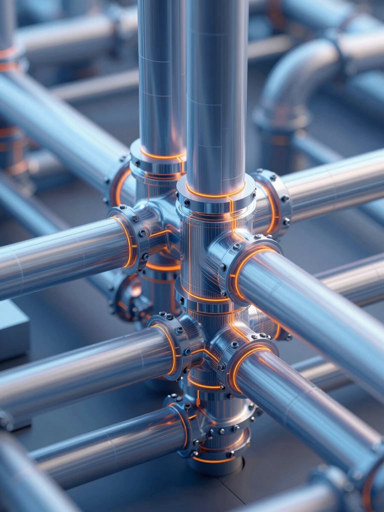 Macro close-up of complex digital pipe and HVAC duct intersections in a native BIM coordination software, cool crisp lighting