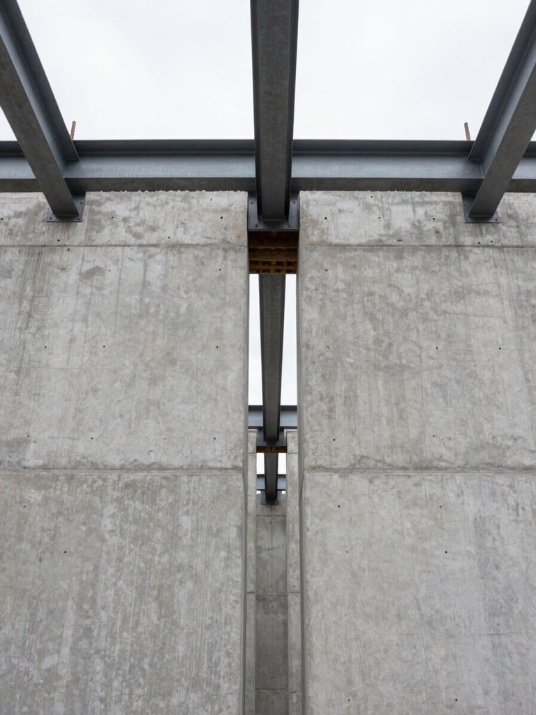 Symmetrical straight-on shot of raw poured-in-place concrete walls and exposed steel beams under harsh overcast daylight, sharp focus, 24mm wide-angle lens