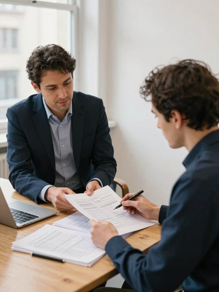 A collaborative working session in a bright office in Lyon, a consultant and a local business owner reviewing structured paper documents on a wooden table, soft natural window light, authentic professional atmosphere, 35mm lens.