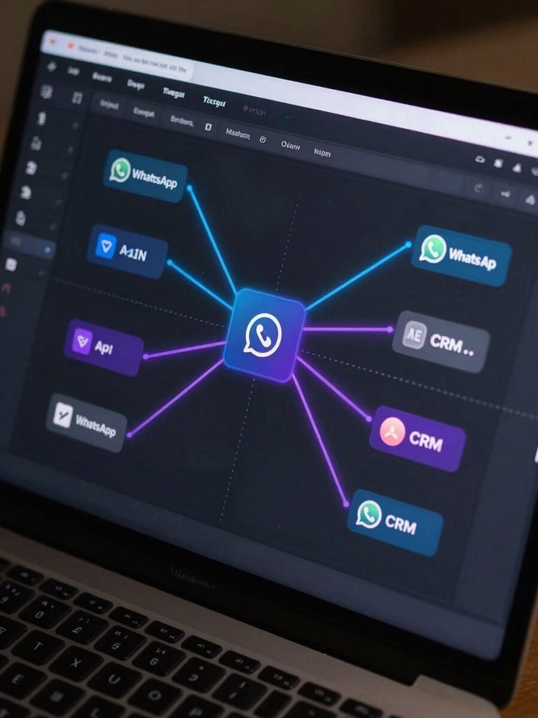 High-fidelity UI mockup of an n8n workflow canvas with glowing blue and purple connection lines, dark mode interface, showing nodes connecting to WhatsApp API and CRM.