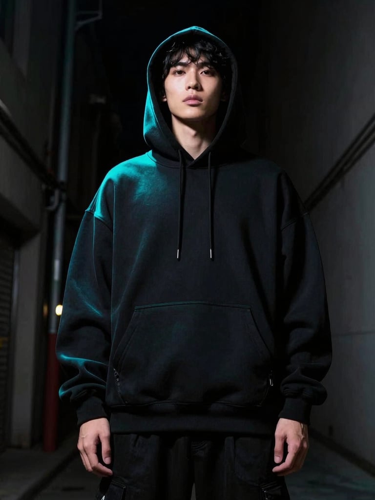 Cinematic low-angle shot of a model in a dark urban alley at night, wearing a premium black oversized hoodie, illuminated by sharp electric cyan neon rim light, high contrast, 35mm lens