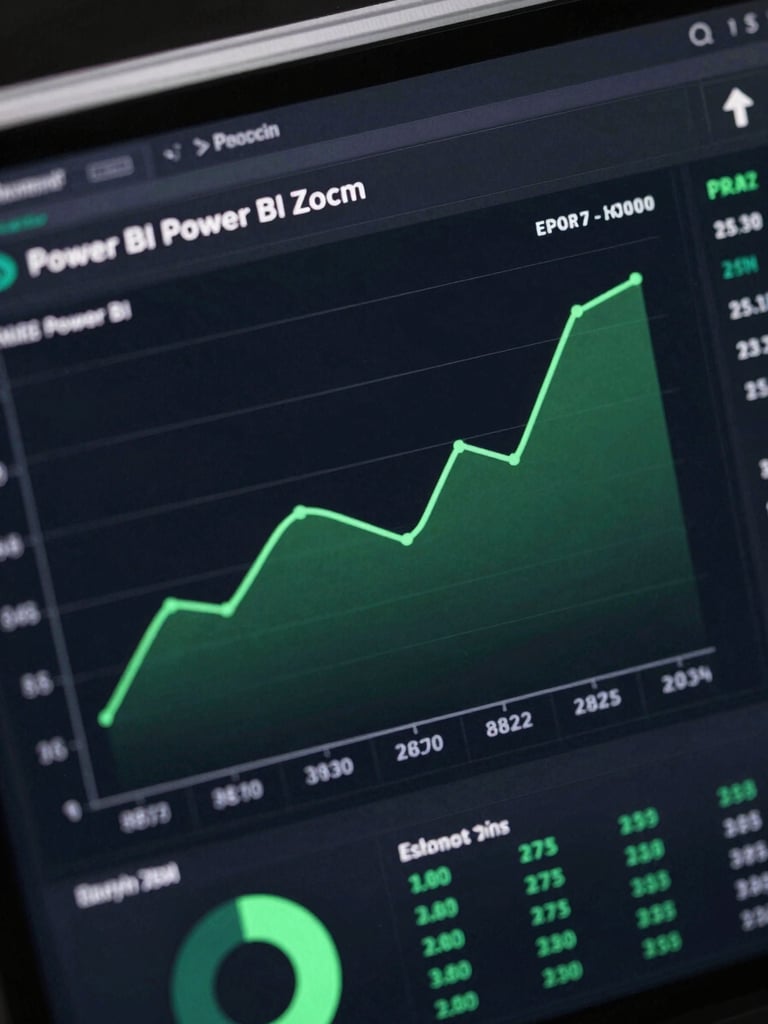 Macro shot of a dark-themed Power BI dashboard showing price elasticity curves and margin metrics with terminal green accents, clean lines, no clutter.