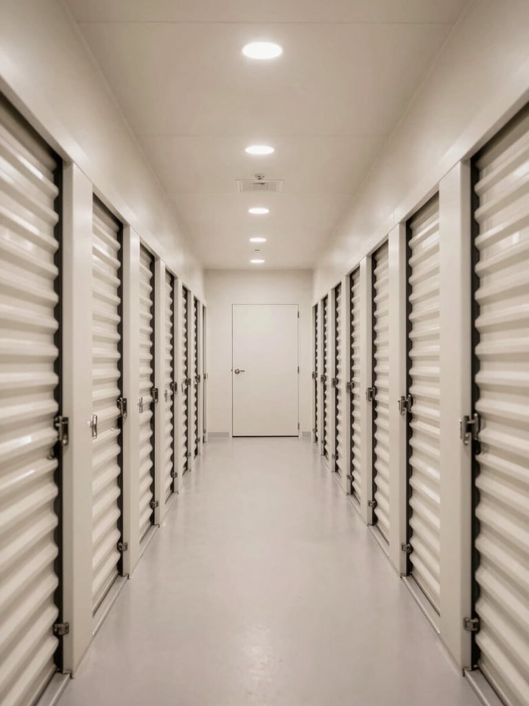 Bright architectural photography of a pristine self-storage facility corridor, symmetrical composition, warm neutral tones, clean interior lighting casting soft shadows, rows of secure storage units with clean metal doors, sharp focus, professional editorial style.