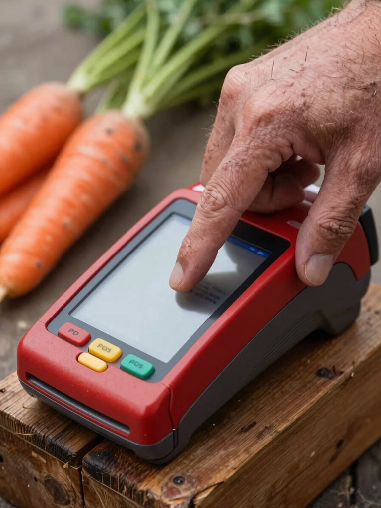 Tactile close-up of a weathered hand tapping a crimson POS terminal screen on a rustic wooden stand, soft outdoor daylight, fresh carrots in background
