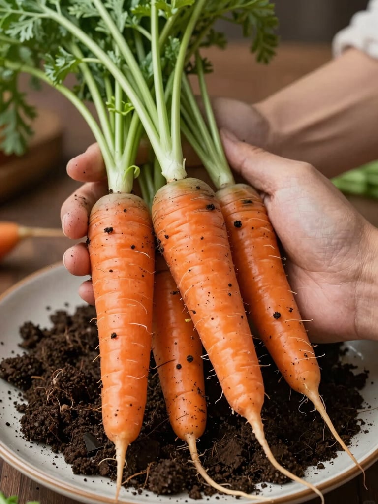 Close-up of hands holding freshly harvested heirloom carrots with rich soil, soft diffused natural daylight, ceramic plate in background