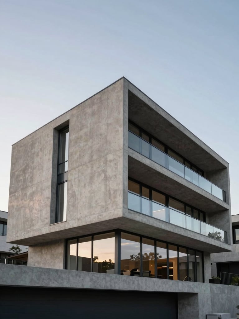 Wide architectural exterior of a contemporary high-end residence, concrete and glass facade photographed from a low angle at dusk, clean geometric lines, soft diffused light revealing material texture, generous negative space in upper sky, no people