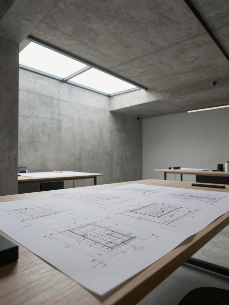 Wide shot of a minimalist architectural office interior, concrete ceiling with exposed structure, a long drafting table with precise technical drawings spread flat, diffused daylight from a north-facing clerestory window, no people, cool neutral tones, material precision in focus