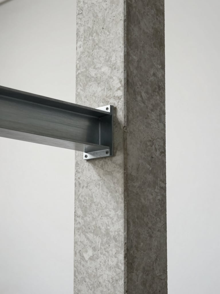 Close-up of a poured concrete column meeting a polished steel beam joint, diffused studio light revealing the material grain and precise tolerances, minimal negative space at the frame edges, no people