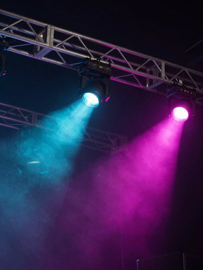 Close-up wide shot of a stage lighting truss from below — cyan and magenta PAR cans firing through haze, metal rigging sharp against darkness, high-contrast live event photography, no people visible