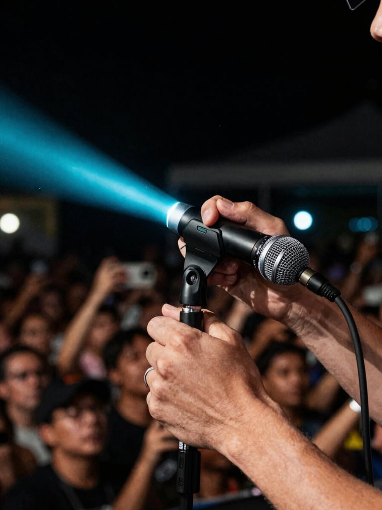 Close-up wide shot of an artist's hands gripping a microphone on stage, cyan stage light cutting hard from the left, dark venue background with blurred crowd movement, motion blur on the cable, high-contrast night photography