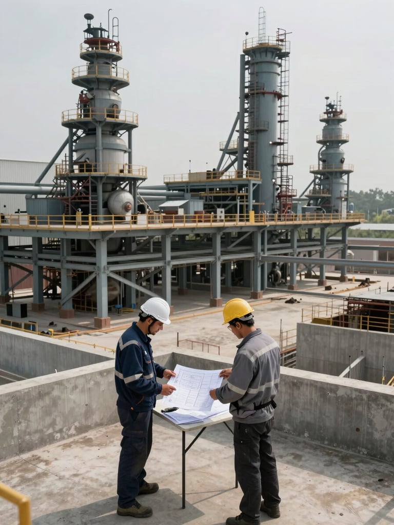 Wide elevated view of a completed industrial facility at overcast daylight, two engineers in work gear reviewing printed plans on a folding table in the foreground, structural steel and concrete visible behind them, no posed expressions, documentary framing