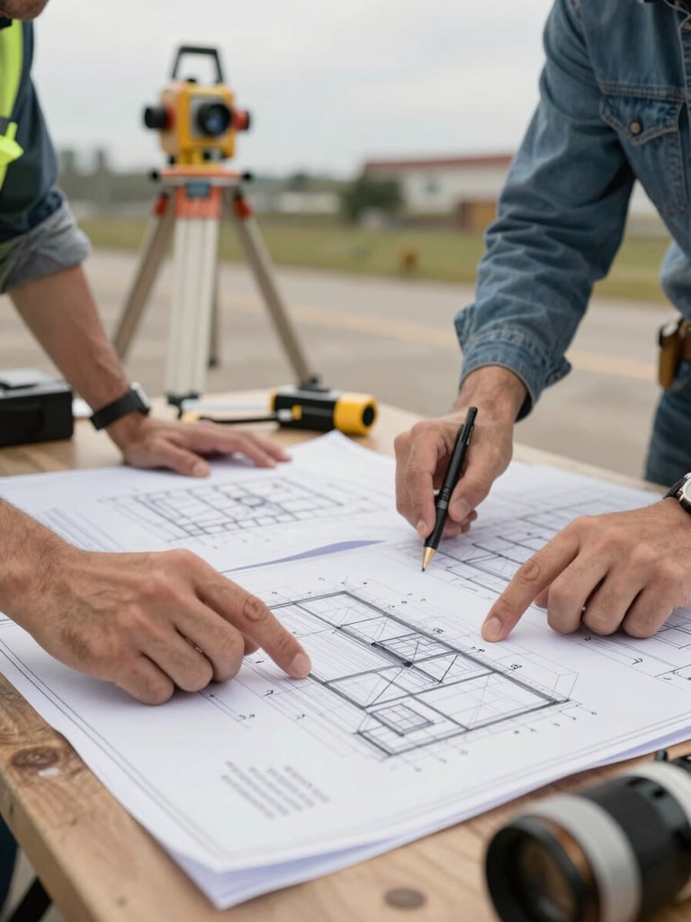 Two engineers reviewing large-format structural drawings spread on a site table outdoors, overcast daylight, survey equipment visible in background, focus on hands and document detail