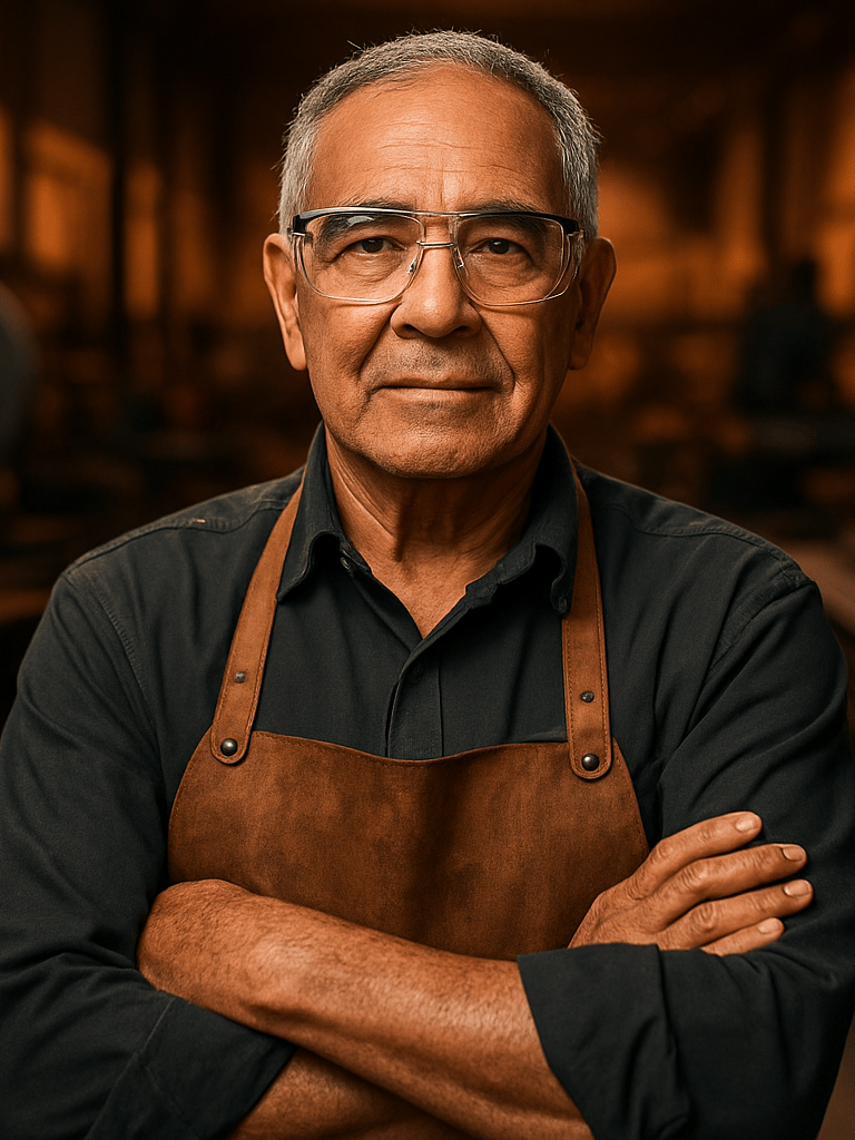 Portrait of a senior Brazilian metalwork factory owner standing confidently in a clean workshop, wearing safety glasses, warm industrial lighting, sharp focus, 50mm lens