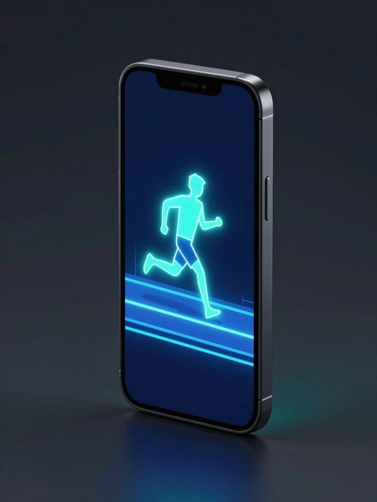 Sleek digital 3D render of a dark smartphone displaying a vibrant neon runner game, isometric perspective, high-contrast studio lighting with cyber-teal highlights against a dark atmospheric background