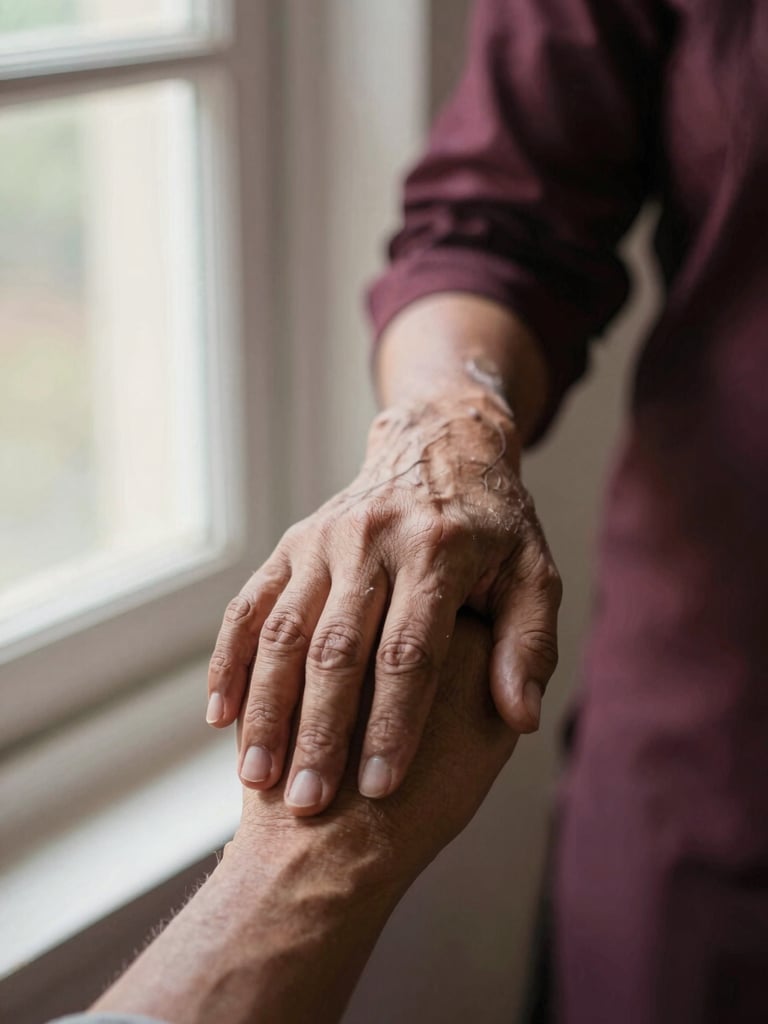 Close-up of a reassuring human interaction, an Indian woman's hand gently holding an older man's hand, soft natural window light, rich deep tones, shallow depth of field, 35mm, hands centered.